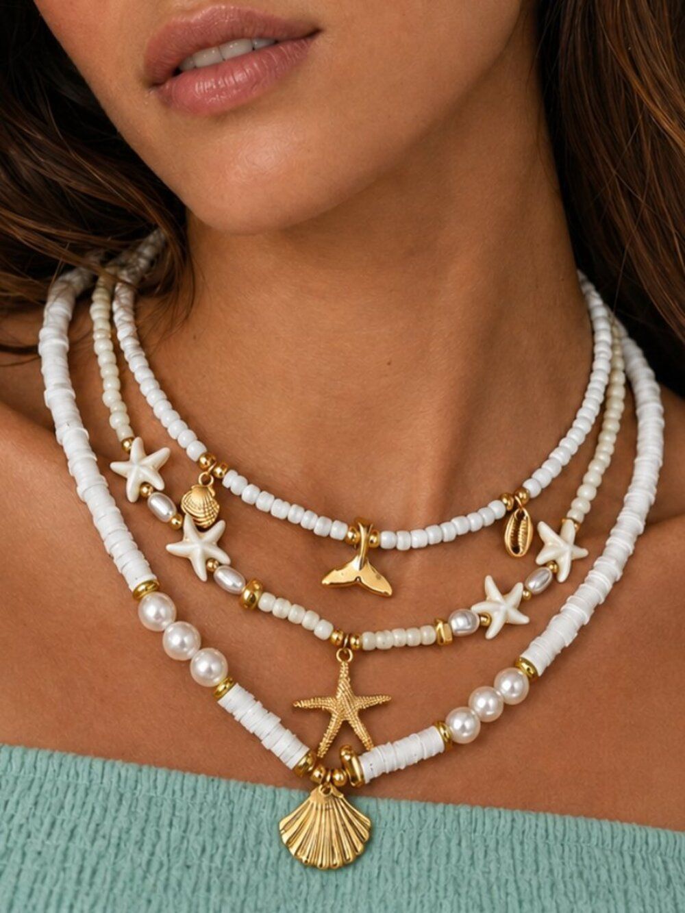 Coastal Layered Necklace Set Starfish Shell Pearl Gold White